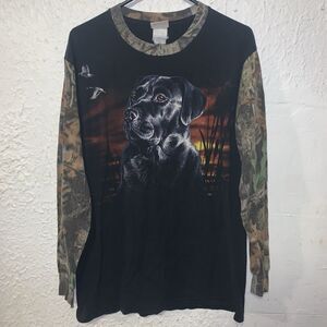 Black Long Sleeve Graphic Tee with Camo Sleeves